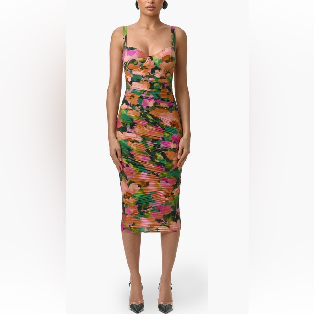 naked wardrobe Pink Orange Green Floral Bodycon Midi Dress
